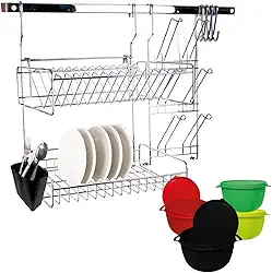 Escorredor de Louças Suspenso Organizador com Porta Talheres + 4 Potes- Aço (CROMADO)