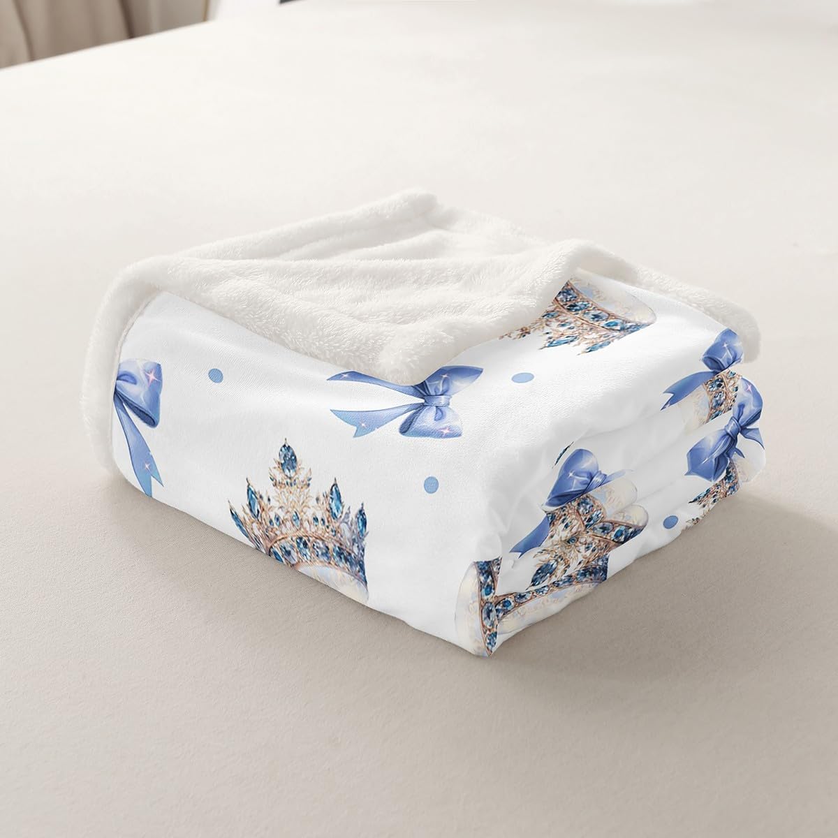 Shining Crown Bed Blanket,Princess Blue Bowknot Dreamy Bow-tie Flannel Blanket for Room Decor,Fairy Tale Crown Dimond Glitter Blue White Fleece Blanket for Kids Teens,Twin 60"x80"