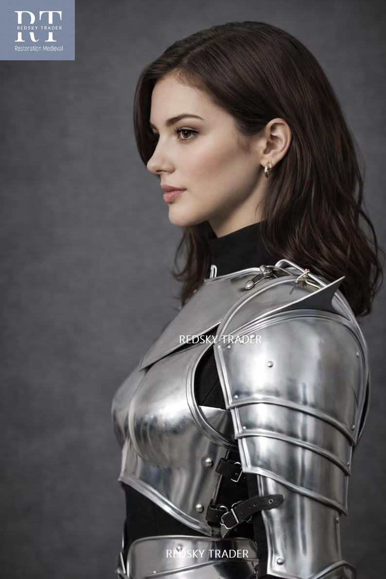Women’s Medieval Knight LARP Armor – Steel Breastplate with Gorget, Pauldrons, Arm & Leg Armor, Chainmail – Cosplay & Halloween Costume