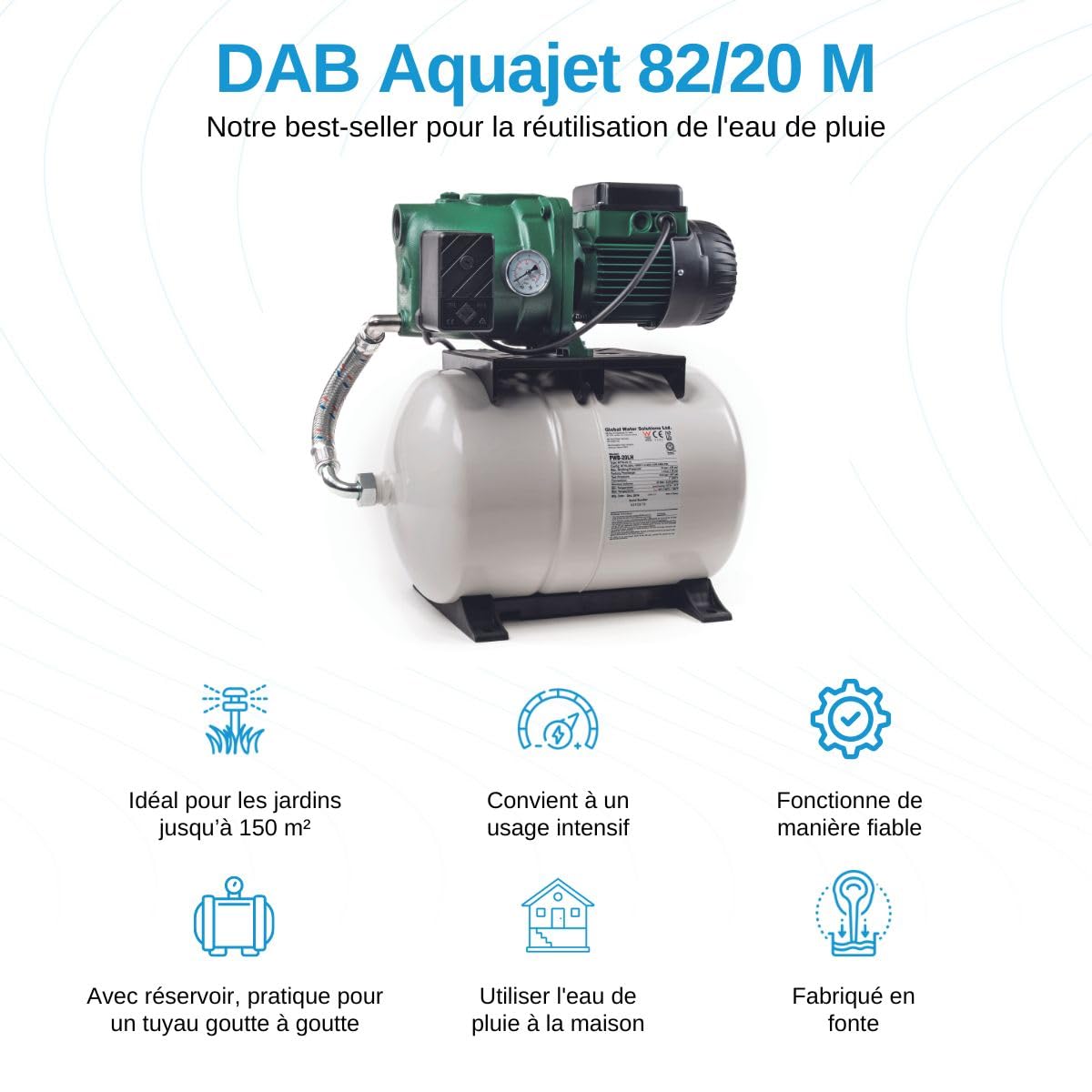 DAB Aquajet 82/20 M Pompe surpresseur - 3.600 L/u - 840W - Hauteur de refoulement 47 m - Mise en marche/arrêt automatique - Pompe Arrosage