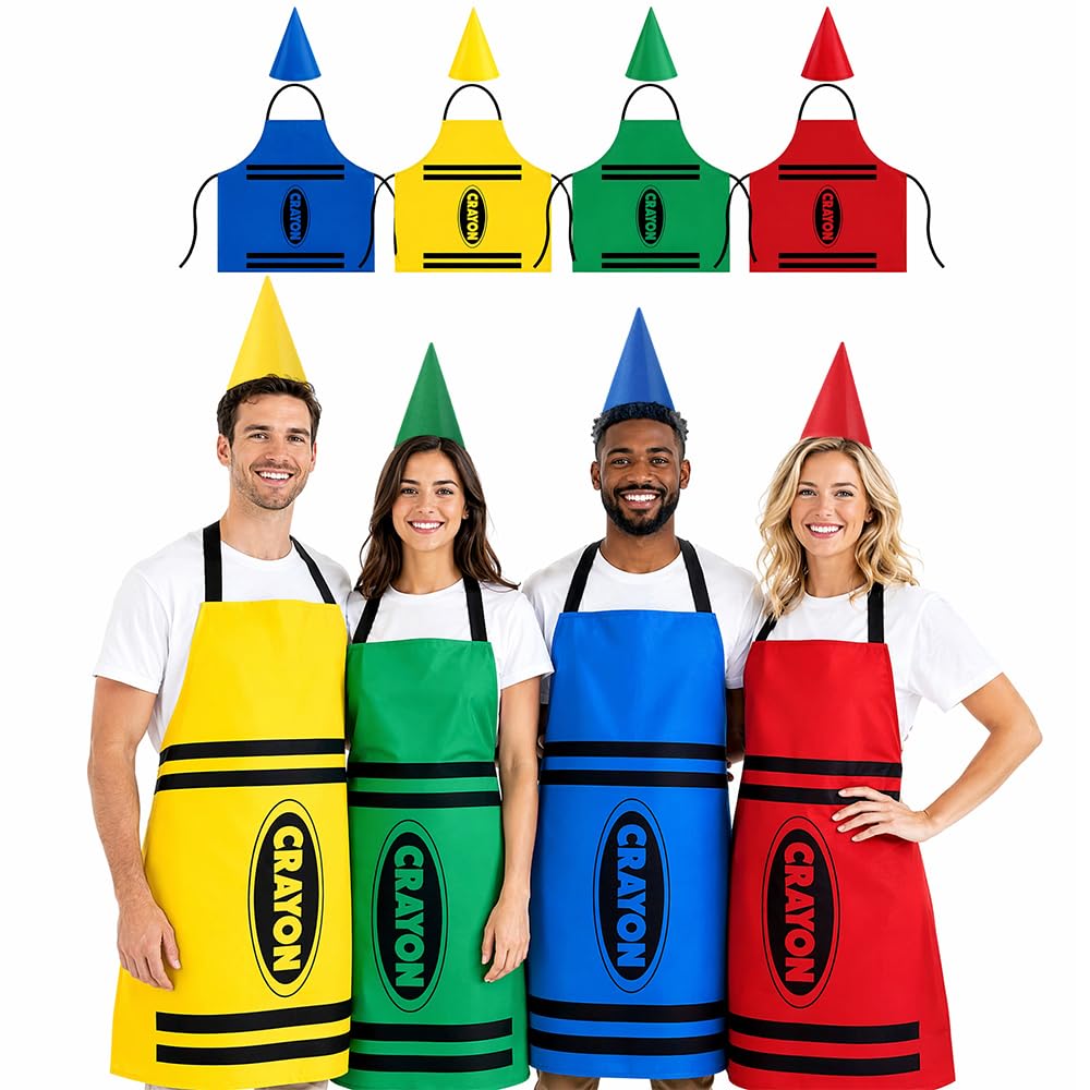 CLIUNT 4 PCS Crayon Costume Set, Color Crayon Apron and Gnome Cone Hats, Crayon Outfit for Adults, Halloween Party, Family Dress Up, School Plays, Group Cosplay and Office Theme Events