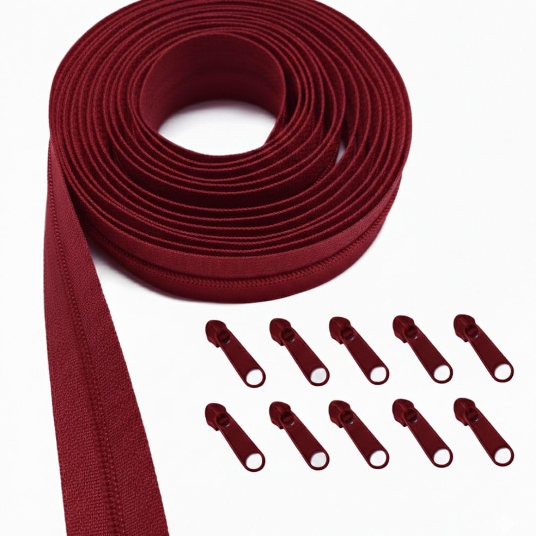 KGS Zipper by The Yard | 3 Yards Continuous Nylon Coil Zipper Roll with 10 Matching Pulls | #3 Bulk Zip Tape for Sewing Bags, Purses, Backpacks, Jackets, DIY Craft and Repair (Maroon)