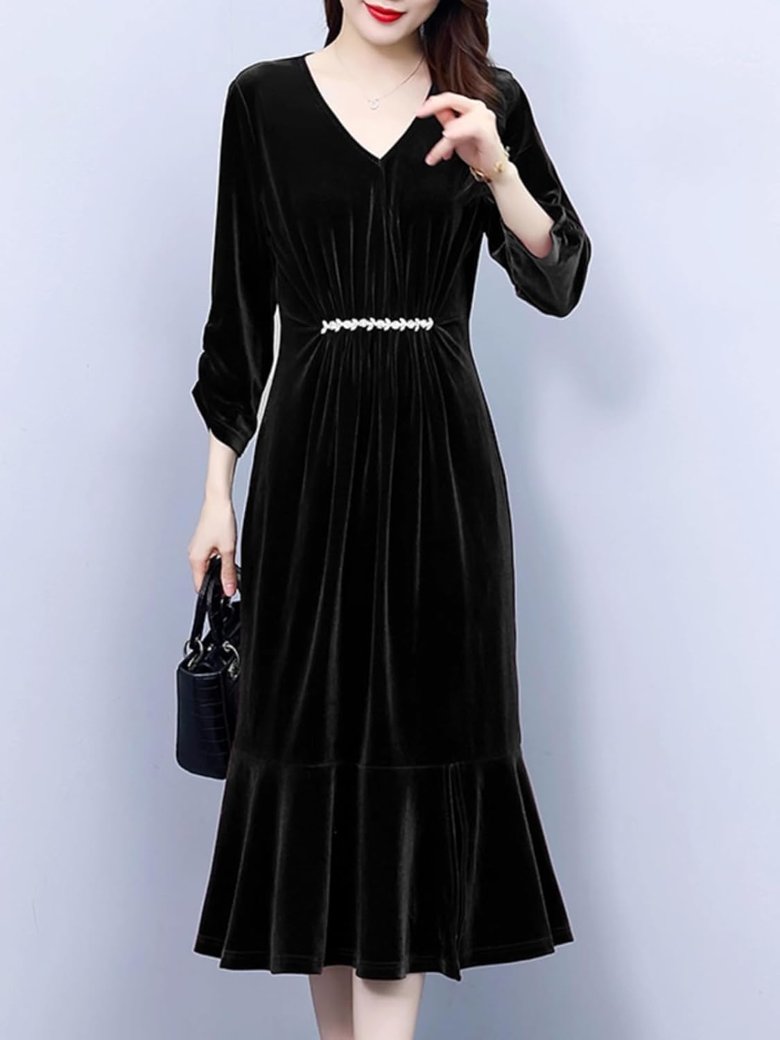 Temperament Velvet Dress for Women in Autumn Mother Waist Slimming Fish Skirt
