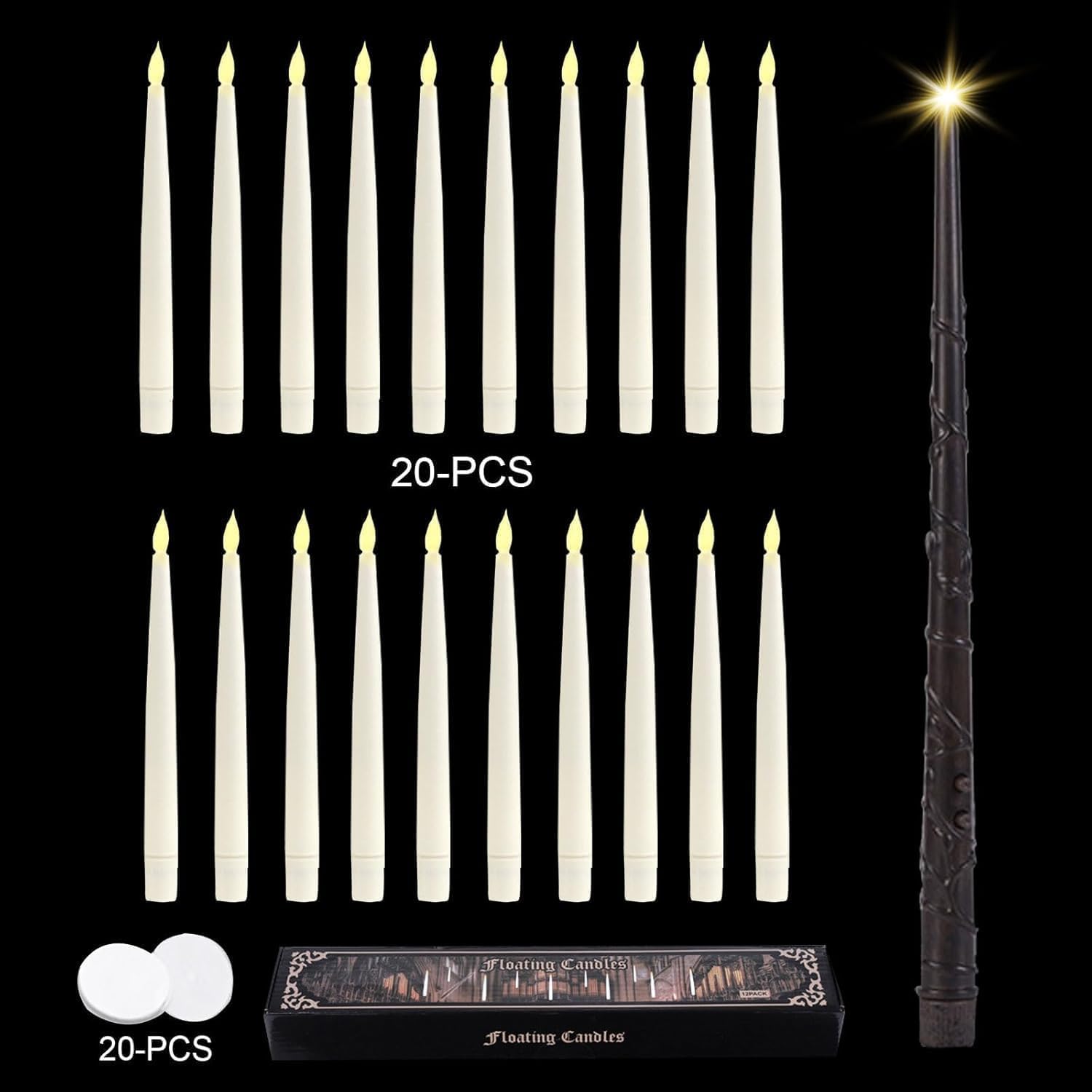 Velas Flotantes, 20 Piezas 16,8 CM Velas Flotantes Har-ry Potter con Varita, Floating Candles para Decoración de Halloween, Velas Colgantes