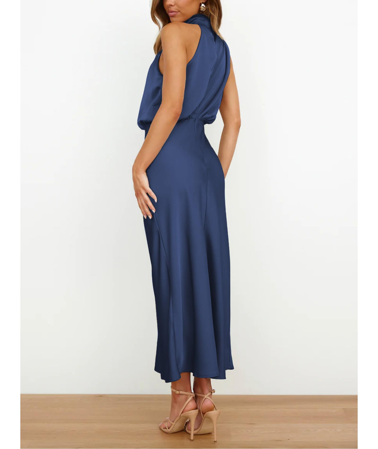 Vestido elegante de satén para mujer, sin mangas, cintura alta, para boda, formal, invitada de boda, cóctel, fiesta, vestido midi