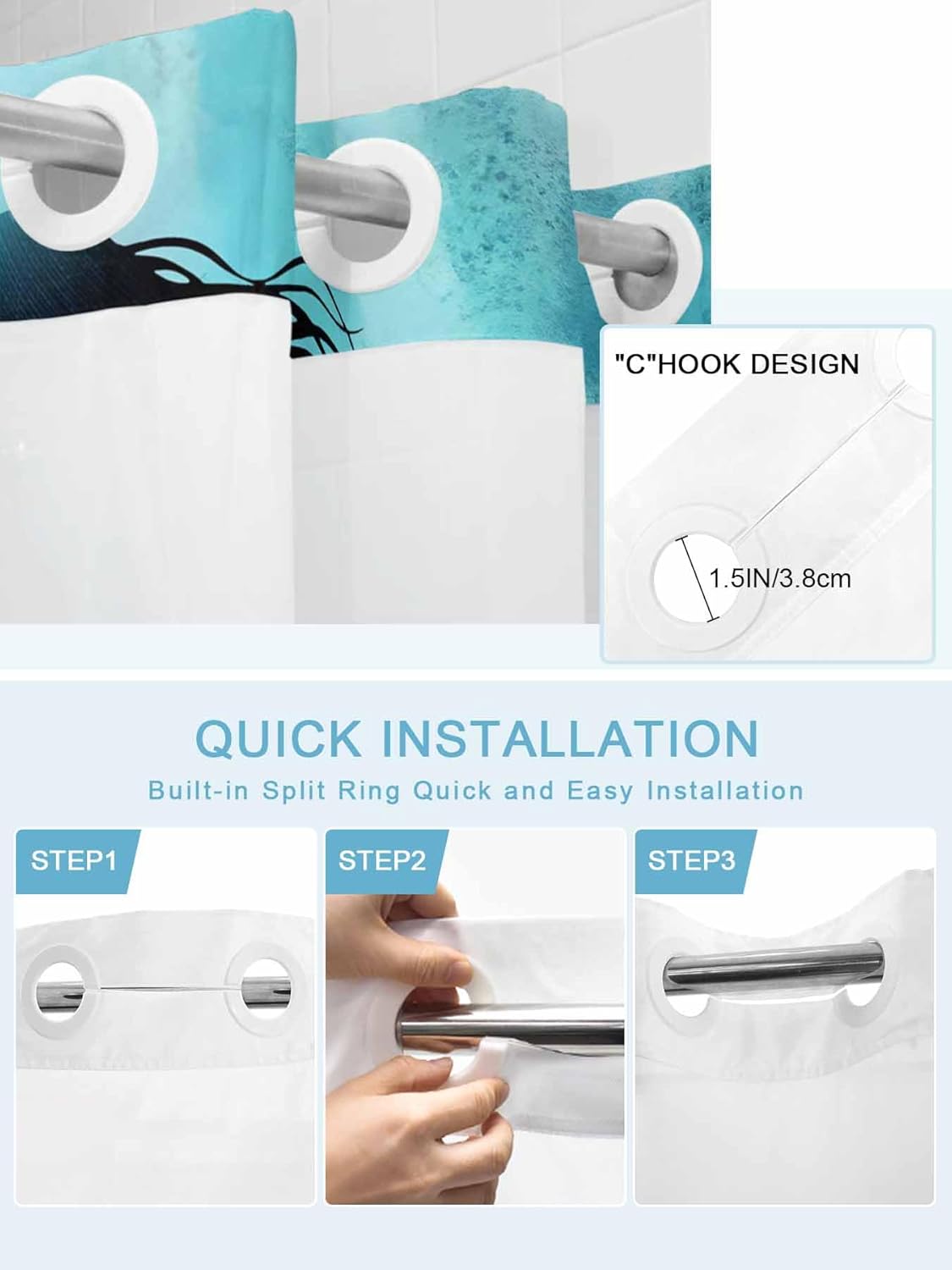 No Hook Shower Curtain with Snap in Liner, Watercolor Mermaid Silhouette Coral Shower Curtains for Bathroom Bath Curtain with See Through Top Window Undersea World