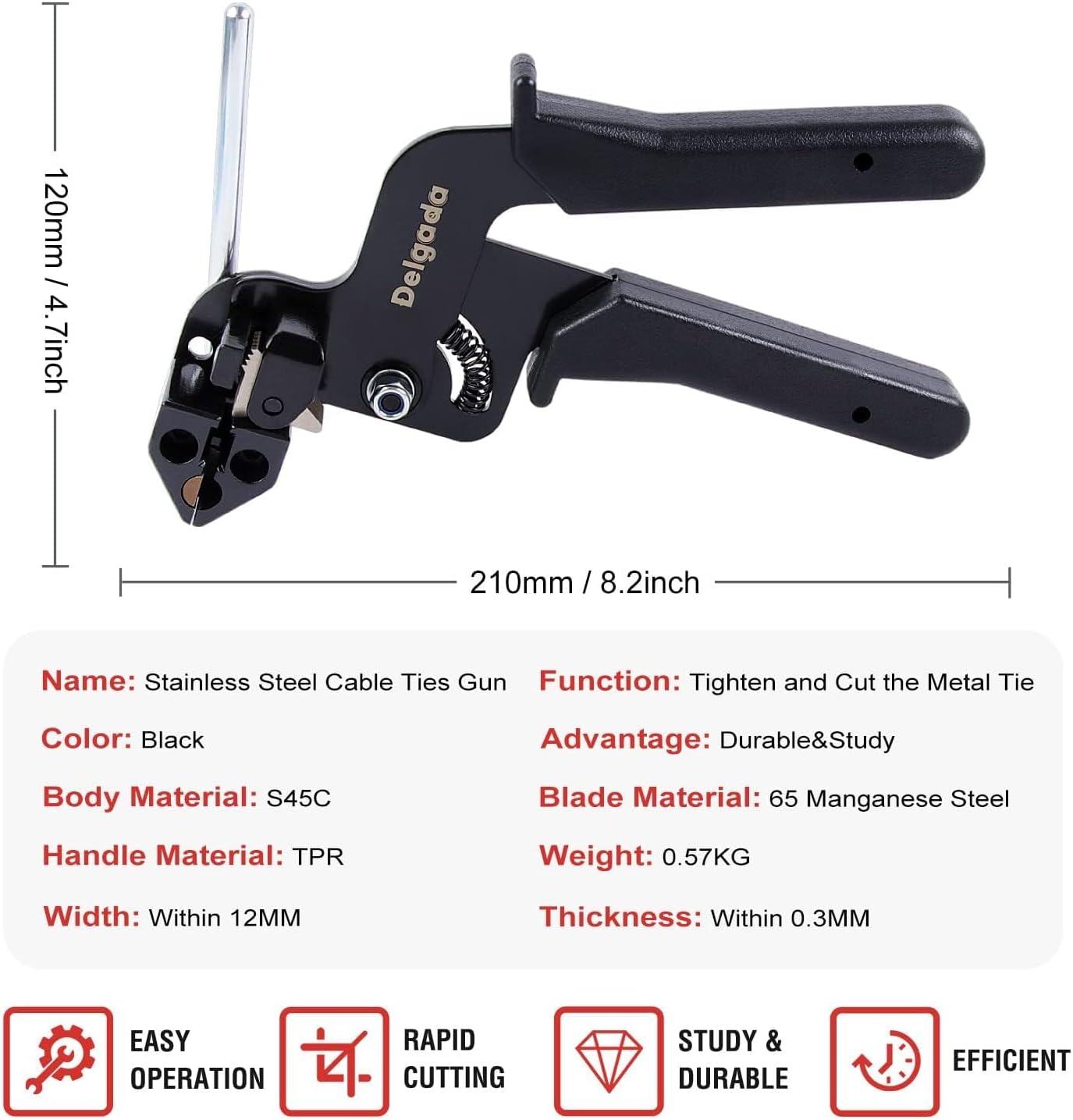 Delgada Metal Cable Tie Gun, Heavy Duty Stainless Steel Zip Ties Tool Cutter, Tightening Cutting Outdoor Chain Link Fence Ties