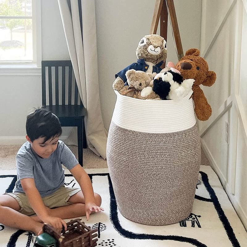 Image of GRATIFY Large Woven Rope Laundry Basket, 80 L Tall Dirty Clothes Hamper with Handles Storage Blankets, Toy for Bedroom, Living Room (Mix Brown White 1 Pcs)