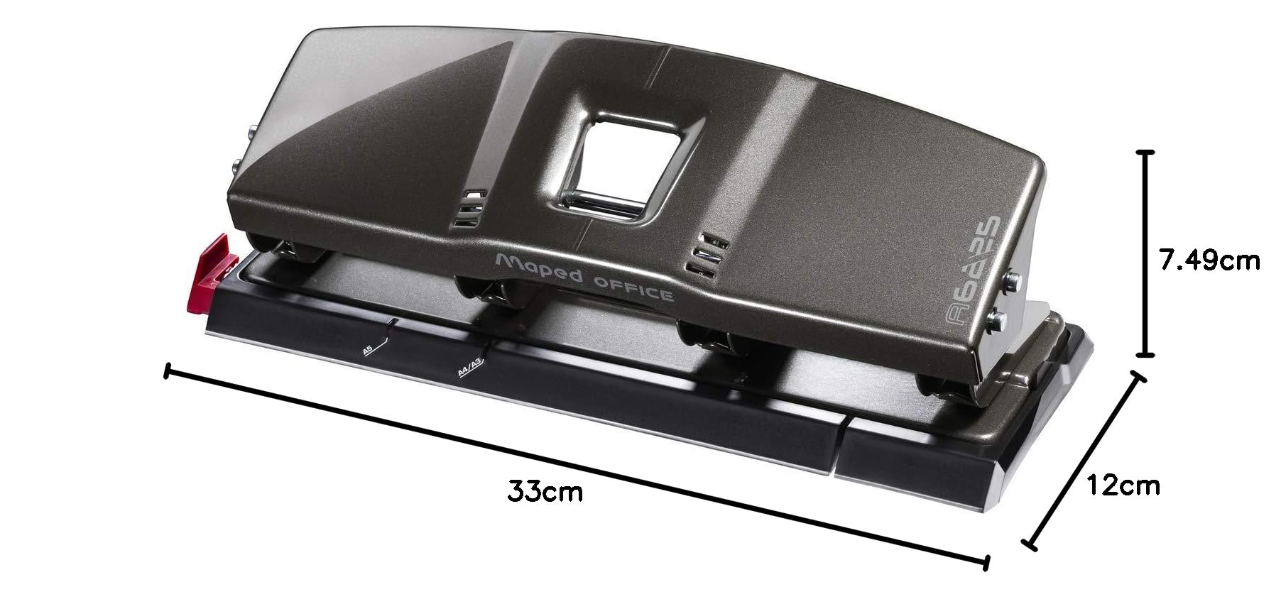 MAPED OFFICE - Perforateur 4 Trous Advanced en Métal - Perforatrice A4 pour 25 à 30 Feuilles - Avec Système de Calage Optimisé, Réserve à Confettis et Patins Anti-Dérapants