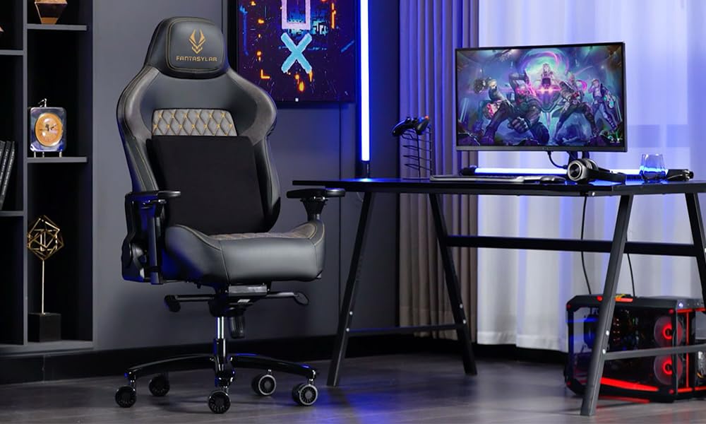 Fantasylab Gaming Stuhl 200KG Belastbarkeit Bürostuhl 200KG Verstellbare Armlehne 4D Gamer Stuhl mit Lendenwirbelstütze Chefsessel Ergonomischer Schreibtischstuhl Schwarz/Grau