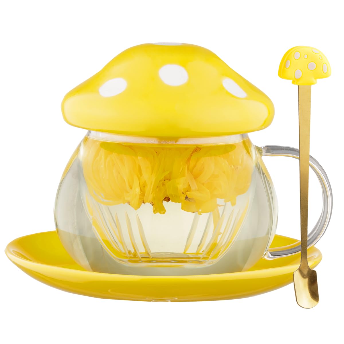Rain House Women's Yellow Mushroom Tea Cup Set, Cute Glass Tea Cups And Saucers, Kawaii Tea Cup With Infuser For Loose Leaf Tea Steeper, Coffee Mug Christmas Gifts For ,Tea Infuser Mug With Lid For Mother Girls (Yellow)
