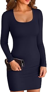 Women Square Neck Ribbed Bodycon Tight Dress Long Sleeve Mid Thigh Pencil Above Knee Dresses - Buy now