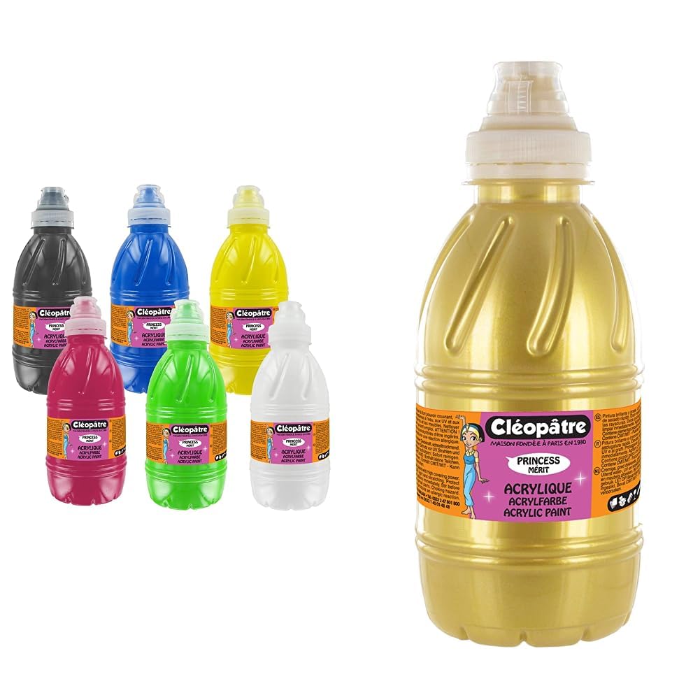 Cléopâtre PAM1X6 Lot de 6 Peintures Acryliques Princess Mérit, Couleurs Assorties, 500 ML, Set de 3000 Pièces Peinture Acrylique Princess Merit- couleur Or - Flacon 500ml