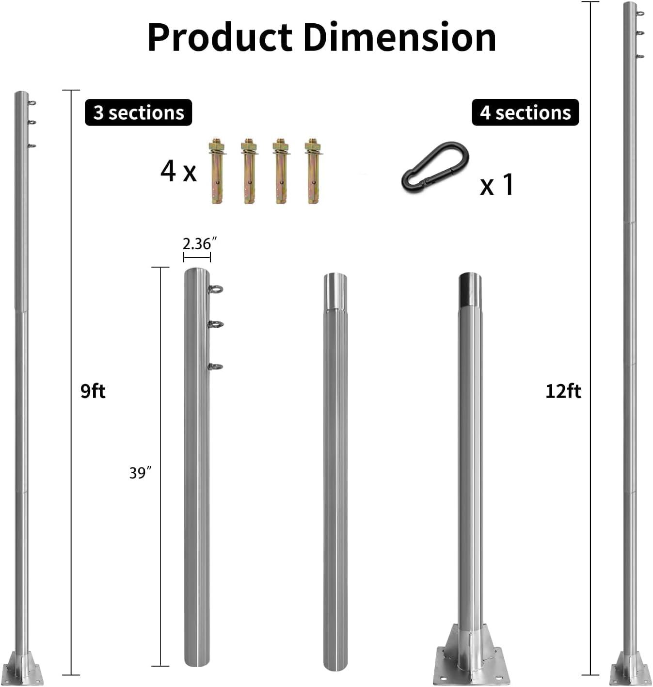 10ft Shade Sail Poles, Silver, Stainless Steel, Contemporary Style, Not Water Resistant, Shade Sails, Post Mount, Screw-In Installation, Concrete Base Bracket
