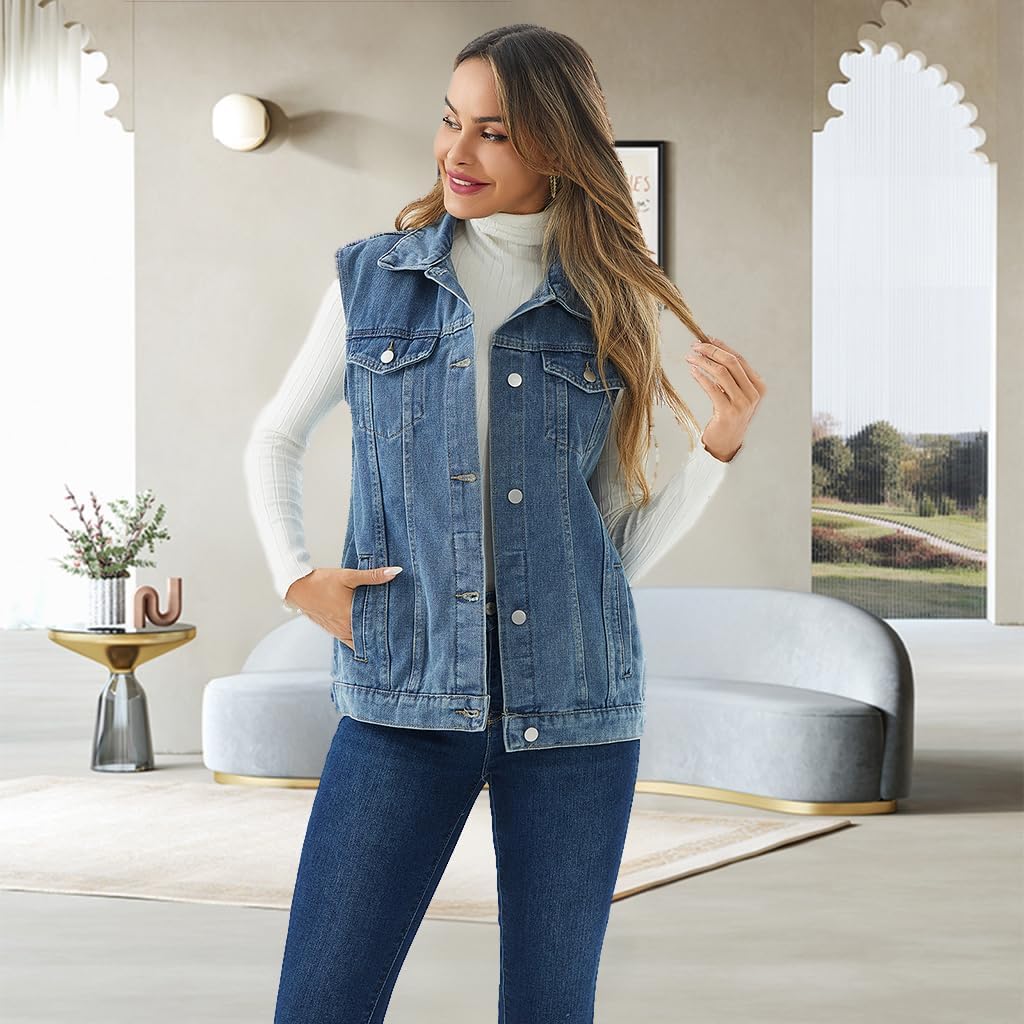 CaniBtr Women's Vintage Denim Vest Oversized Button Down Jean Waistcoat Gilet Sleeveless Jean Jacket - Image 4