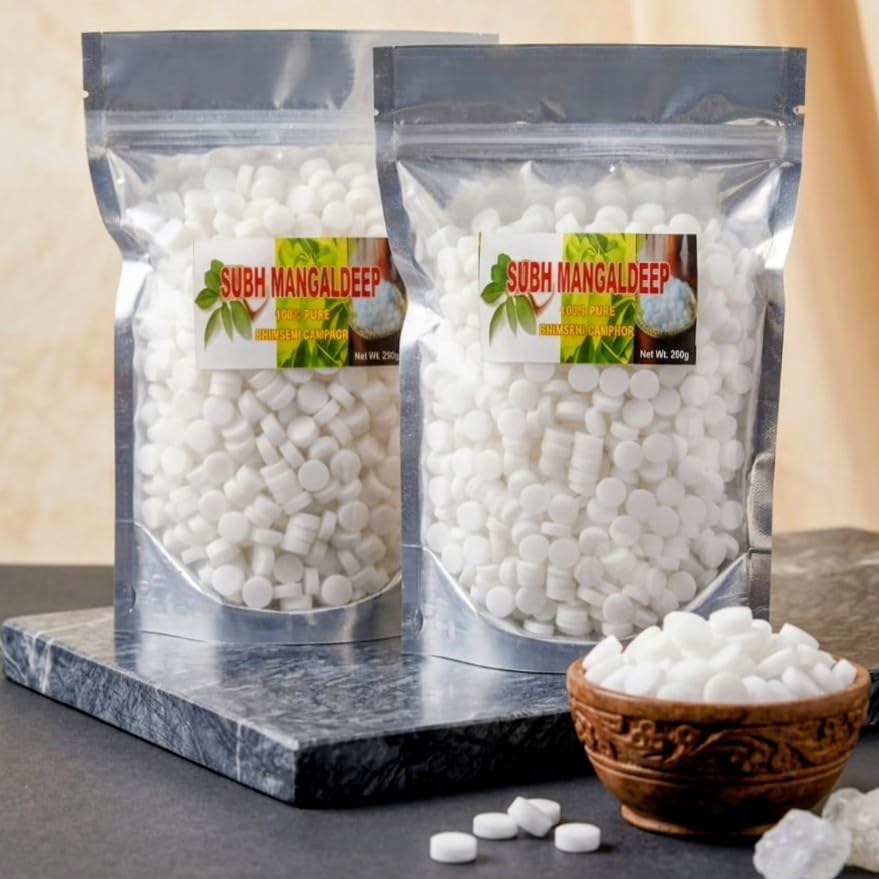 SHUBH MANGALDEEP 100% Pure Camphor Tablets, Pure Kapoor for Religious Puja, Aarti and Havan, Natural Aroma (Pack of 2 Pouches 250 Grams Each) Net 500 Grams-image-37