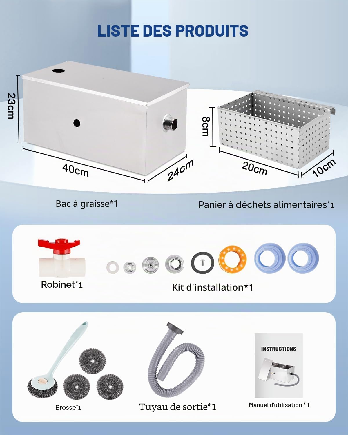 YUCHENGTECH Bac à Graisse Sous Evier Inox 22L 40x24x23cm | Capacité 22L, Acier Inoxydable, Installation Sous évier, Usage Restaurant/Cuisine, Séparation Graisse
