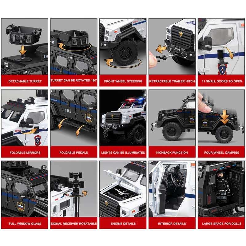 Image of Die Cast Armored Police Vehicle Toy Car for Kids, Metal Military Security Truck with Openable Doors & Hood, Pull Back Action Collectible Model Vehicle, Black