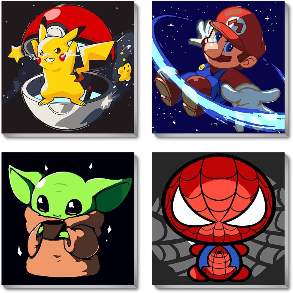 Paquete de 4 pinturas por números para niños de 8 a 12 años con marco, kits de pintura de dibujos animados por números en lienzo para adultos