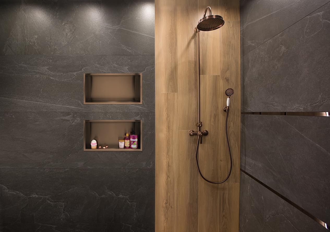 Wall-Box One Nicho de Ducha de Pared de Acero Inoxidable Cobre, Impermeable, Instalación de Nicho Flexible, 45x20x10cm, Cobre, Nicho para Utensilios de Baño, Sin Azulejos
