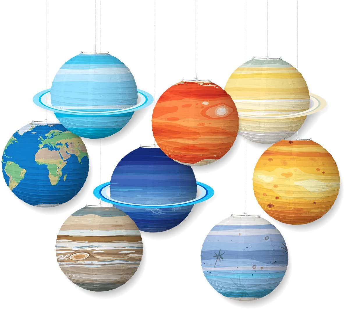Planet Paper Lanterns, 12" Outer Space Party Decorations, Solar System Planets Lantern for Kids Space Theme Party Birthday Room Decorations, 8PCS Starry Sky Paper Lantern Kids Party Decoration