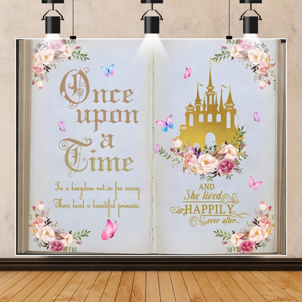 Meiguiman Once Upon a Time Backdrop 10x8ft Fairytale Book Princess Castle Birthday Decorations Banner Pink Floral Book Photography Background for