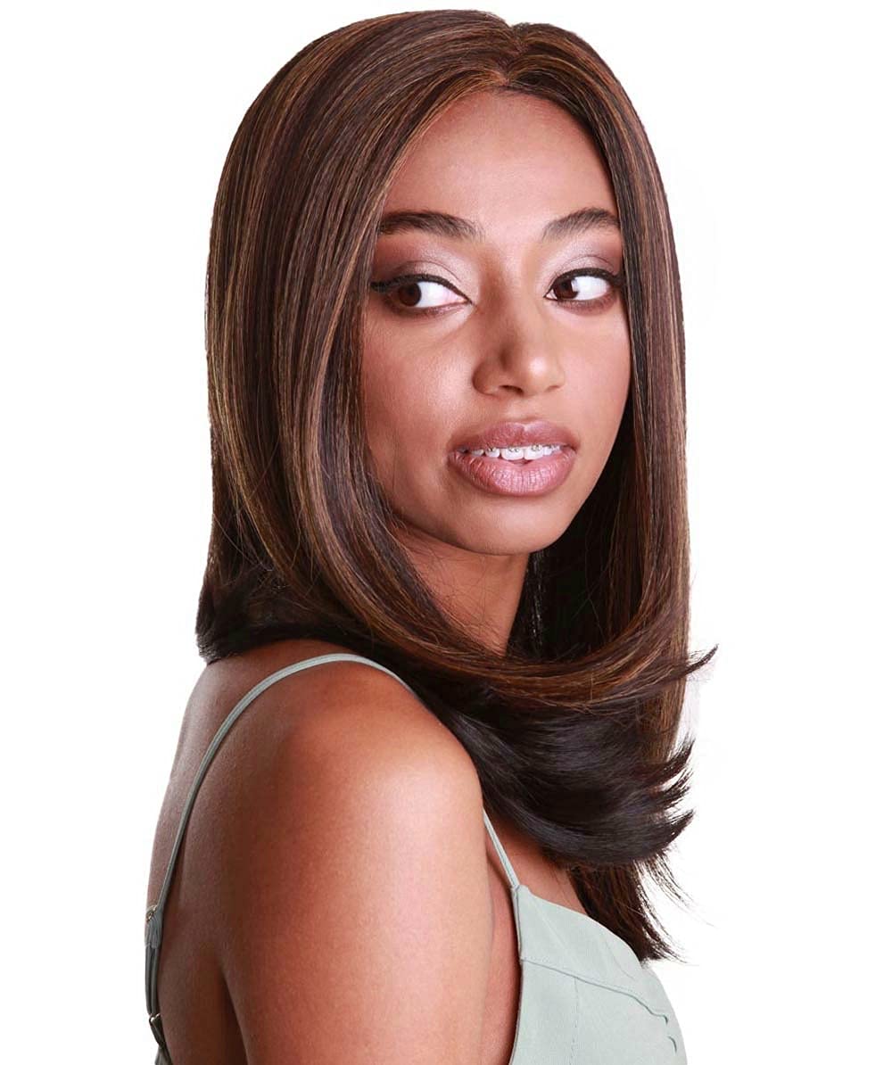 LUXLUXE Paloma Straight 18 Inch Long 360 Degree Lace Front Wig, Heat Resistant Fiber, 20+ Shades of Natural, Dip Dyed, & Blended Colors (#BX232 - Caramel Brown Blend)