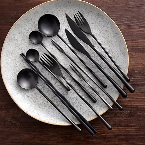 Miniatura 3 de EVISSMANN Juego de cubiertos para 6 cubiertos de 66 piezas, negro, cuchillos, tenedores, cucharas, acero inoxidable, esmerilado, retro, creativo,