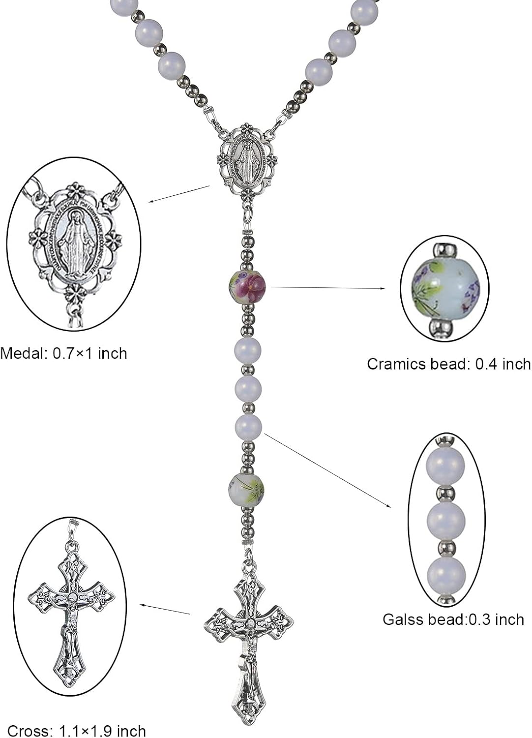 8mm Purple Pearl Beads Catholic Rosary Glass Beaded Acrylic String Necklace White Ceramics Bead Rosary Miraculous Medal Crucifix Cross Gift for Women Girls - Image 3