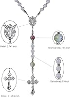 Vista 3 de Collar de cadena de acrílico con cuentas de cristal católico de perlas moradas de 0.315 in, rosario de cerámica blanca, medalla milagrosa