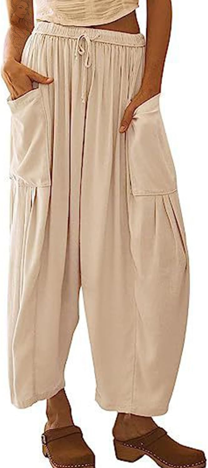 domirica Linen Pants Women Petite Plain Plus Size Summer Beach Spring Fitted Cargo Pocket Ankle Length Lounge Pant