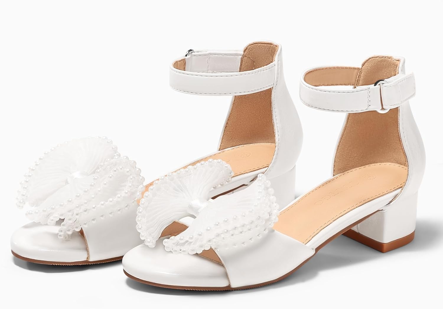 Coutgo Girls Dress Shoes Sandals Bow Pearl Open Toe Low Chunky Heels Ankle Strap Flower Girl Wedding Party Shoes - Image 5