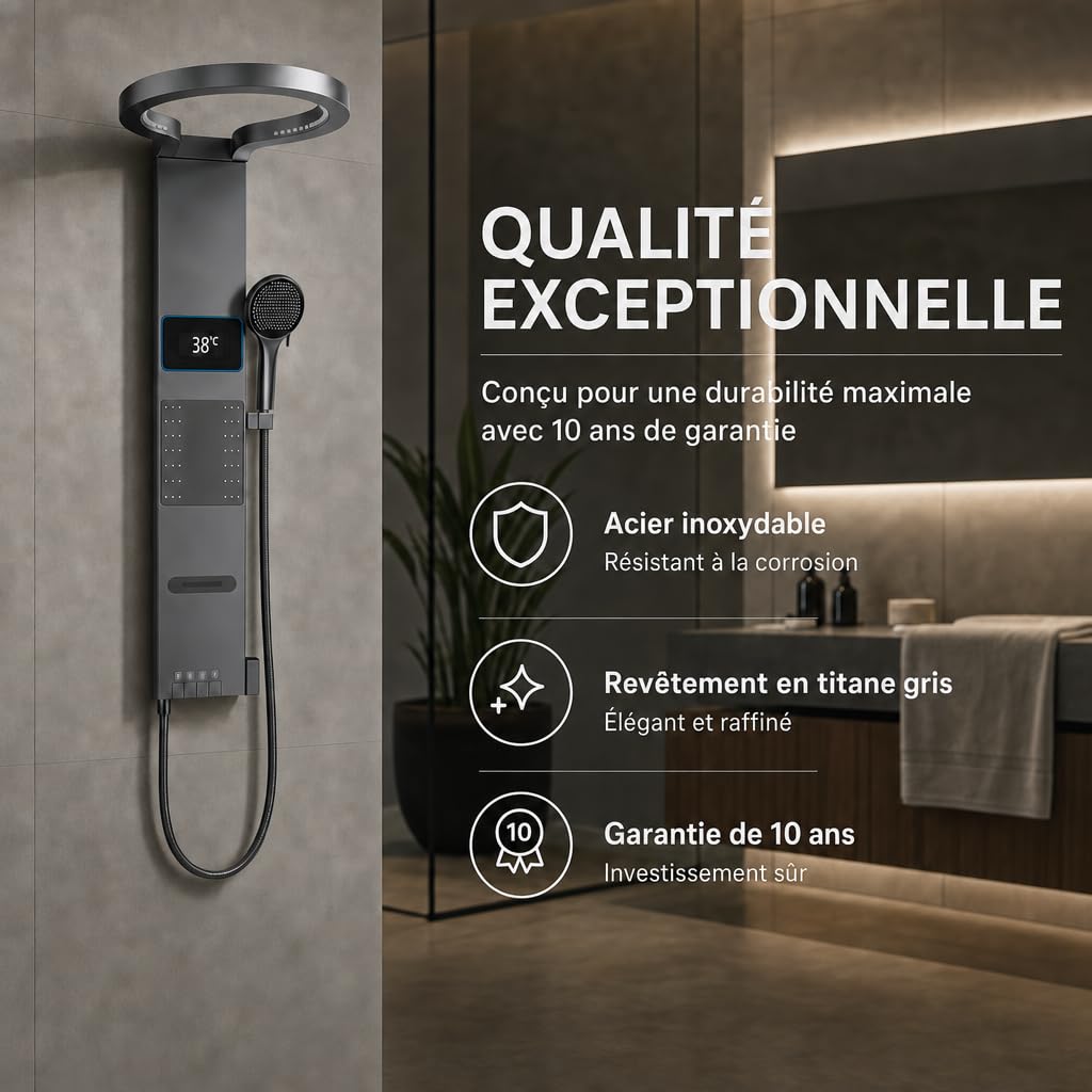 INEX EUROPA Panneau de douche thermostatique gris titane de luxe - Colonne de hydromassage avec garantie de 10 ans et 4 modes de fonctionnement - Colonne de douche de 105 cm de haut Collection Daytona