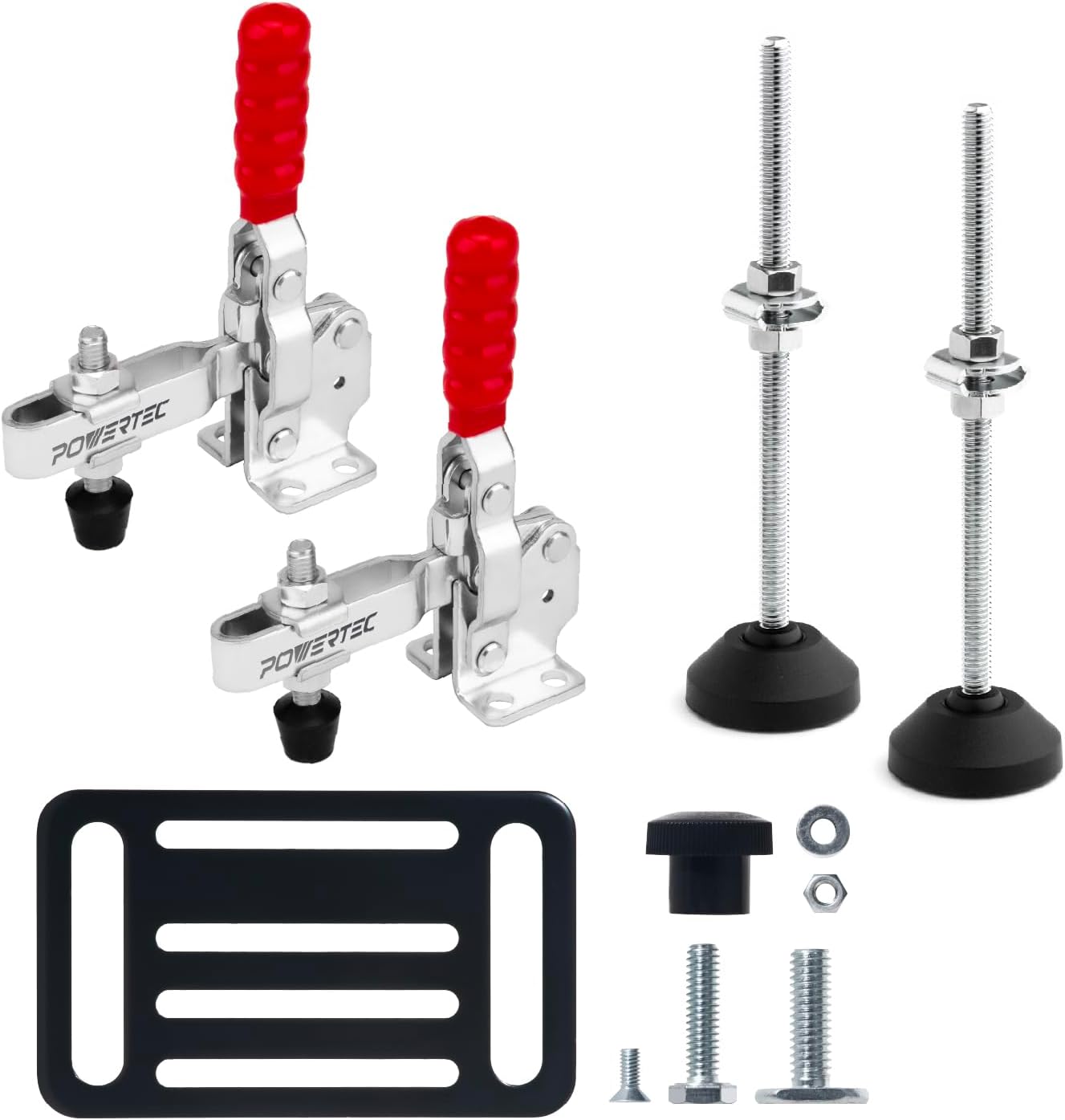 POWERTEC 2PK Vertical Toggle Clamp Kit (500lbs Capacity) + 2PK 6" Toggle Clamp Foot + 2PK Mounting Plate for T Track Accessories, Table Saw Sled, Woodworking Jigs, and Drill Press Table