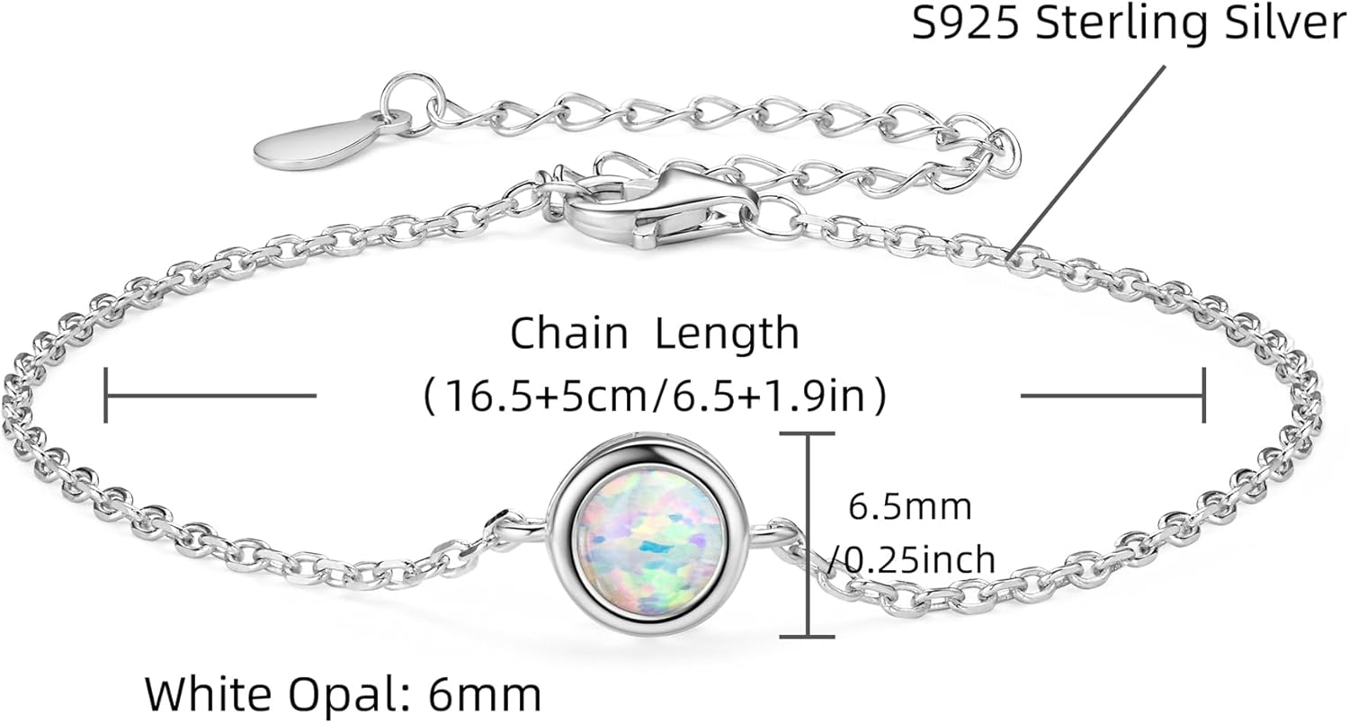 YUNKAI Sterling Silver Opal Bracelet for Women, 6.5"+2" Adjustable Opal Link Bracelet, White/Golden Dainty Hypoallergenic October Birthstone Jewelry Gift for Her