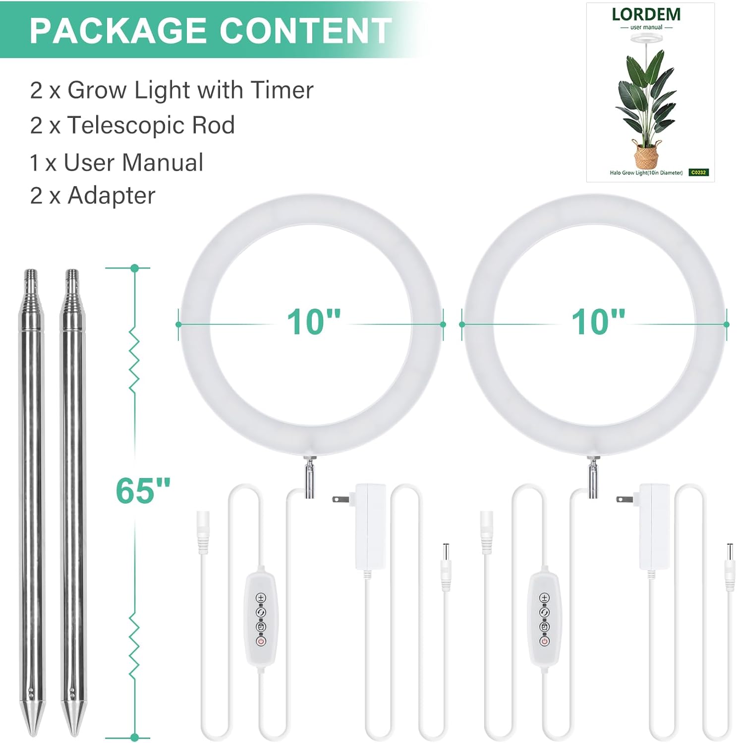 LORDEM 10" Grow Light for Indoor Plants, Full Spectrum Plant Lamp with160 LEDs, 4H/8H/12H Timer, 6 Dimmable Levels, 3 Spectrum Modes, Height Adjustable 65", Ideal for Large Tall Plants, Pack of 2 Pack