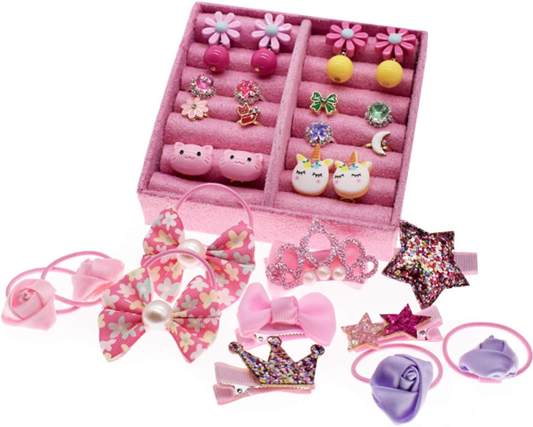 ShaqMars Little Girl Kids 3 Layer Lint Jewelry Box with Mirror and 35 Pieces Girl Princess Jewelry Dress Up Accessories Toy Playset Set: Toys & Games