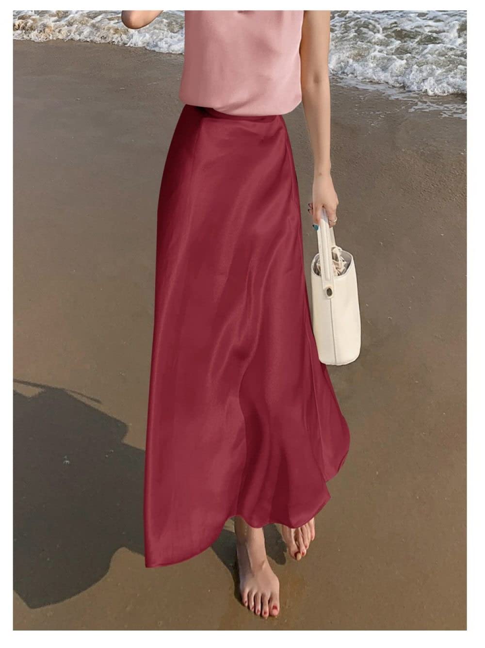 OZEO Röcke Für Damen,Damen Dünne Satin-Midi-Röcke Burgunder Glänzender Faltenrock Mit Hoher Taille Sommer Eleganter A-Linien-Swing Gerüscht Fließender Strandurlaub Lange Röcke Für Mädchen Damen,S