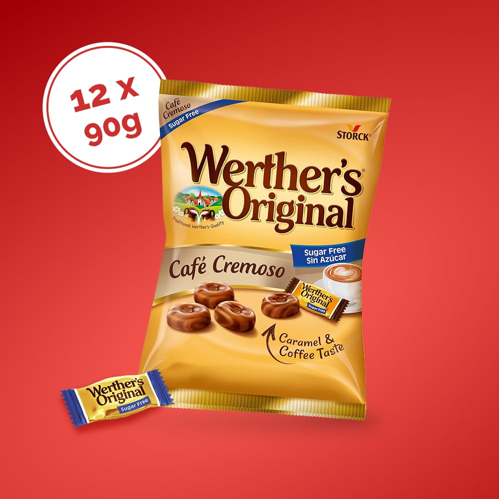 Werther's Original Caramelos Toffee de Mantequilla y Nata Sabor a Café Cremoso Sin Azúcar Pack 12 x 90 g Sin Gluten