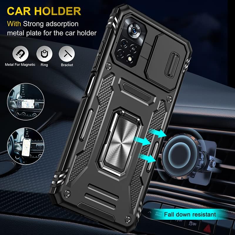 Asuwish Phone Case for Xiaomi Poco X4 Pro 5G with Tempered Glass Screen Protector and Slide Camera Cover Magnetic Ring Holder Kickstand Cell Accessories Slim Hybrid Mi PocoX4Pro Women Men Black - Image 3