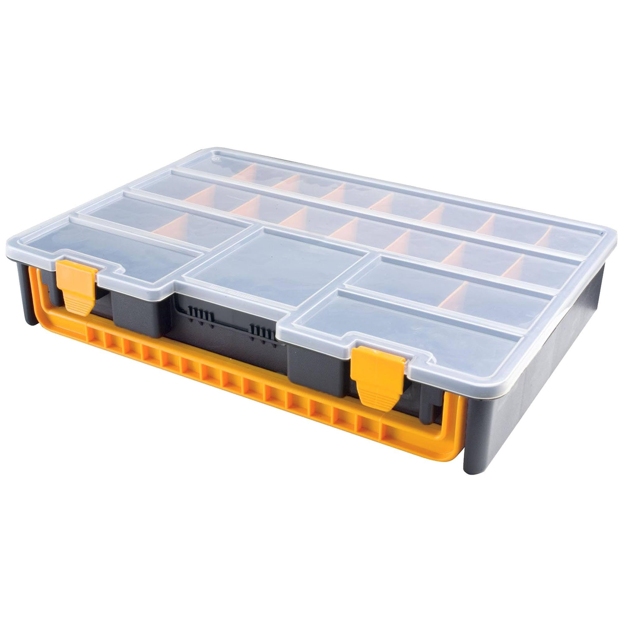 Organizer z tworzywa sztucznego 44,3 x 31,7 x 8 cm ze zdejmowanymi przegrodami, przezroczysta pokrywa