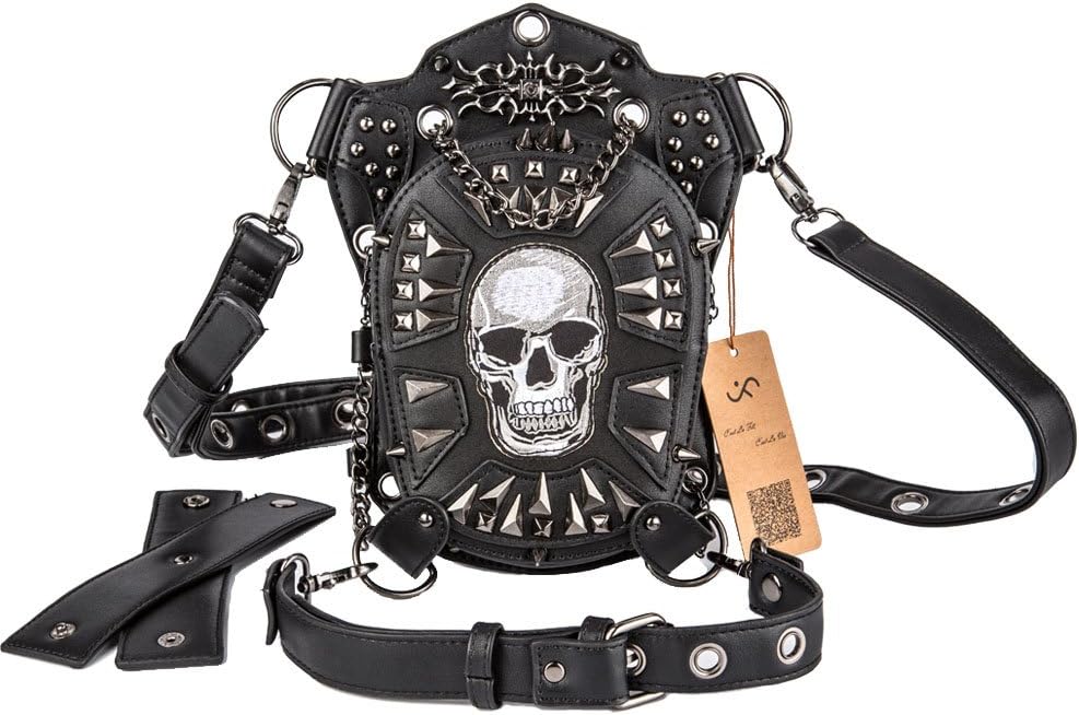 Cook Shark Cestlafit Steampunk Leather Shoulder Bag, Multifunction Skull Vintage Handbag Gothic Waist Packs Leg Bag, Black