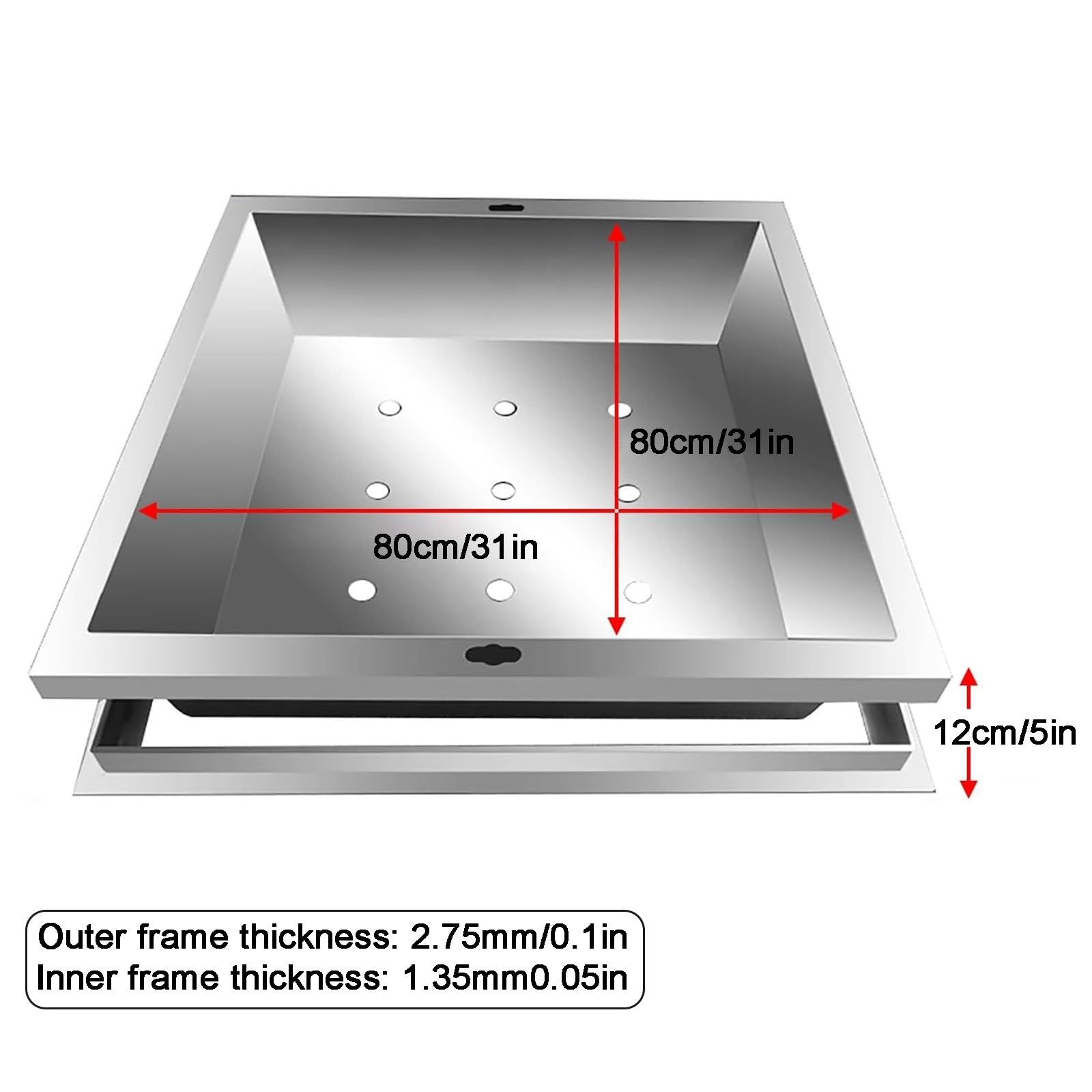 Tapa de Inspección Invisible, Cubierta y Marco de Boca Empotrada, Tapa Cuadrada de Tanque Séptico Inoxidable 304 con Orificios de Drenaje para Plantar Césped(80cm/31in)