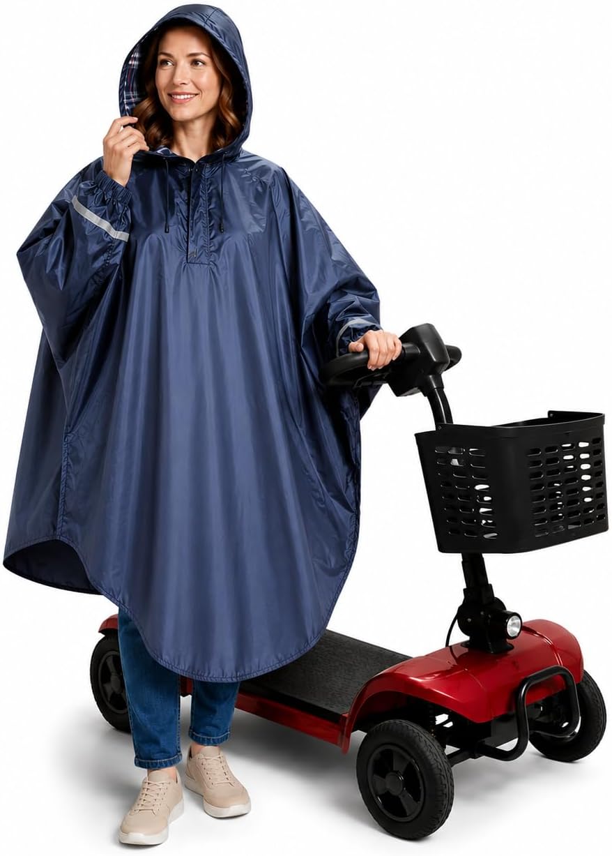 Upgraded Wheelchair Rain Poncho Hat Lined, Mobility Scooter Rain Poncho With Sleeves, Comfortable Waterproof Wheelchair Ponchos For Adults, Elderly, Disabled, Navy Blue