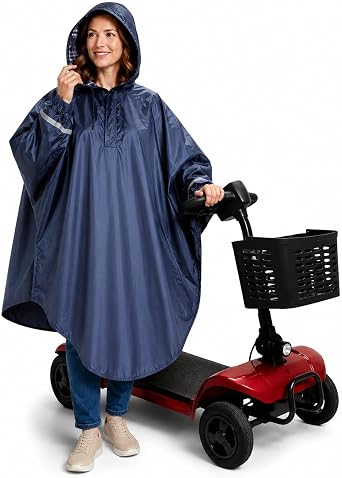 Upgraded Wheelchair Rain Poncho Hat Lined, Mobility Scooter Rain Poncho With Sleeves, Comfortable Waterproof Wheelchair Ponchos For Adults, Elderly, Disabled, Navy Blue