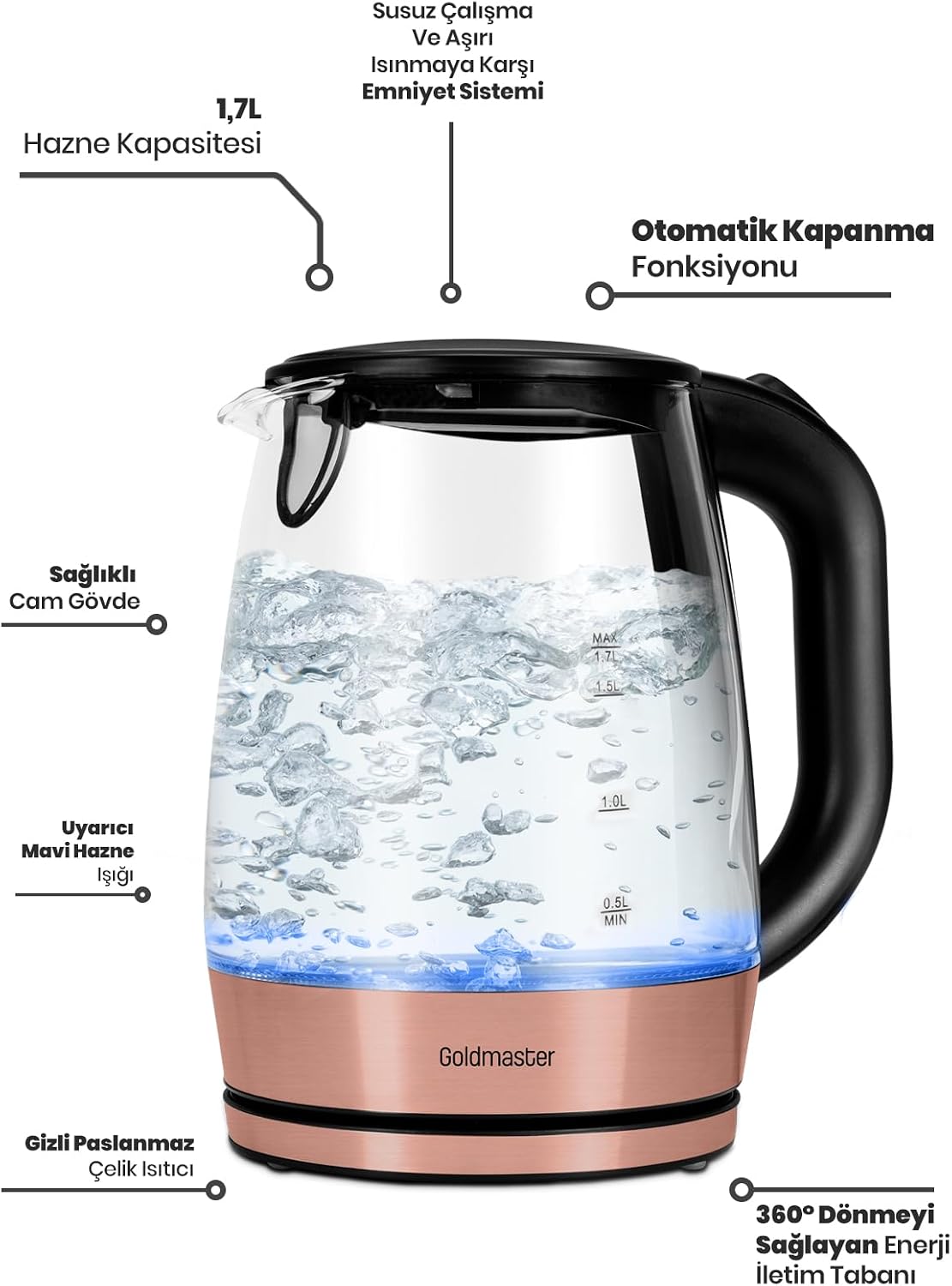 GoldMaster Honey Su Is t c , 1.7 L, Pembe, Cam, Kettle, 220-240V, Rose Gold, 2200W