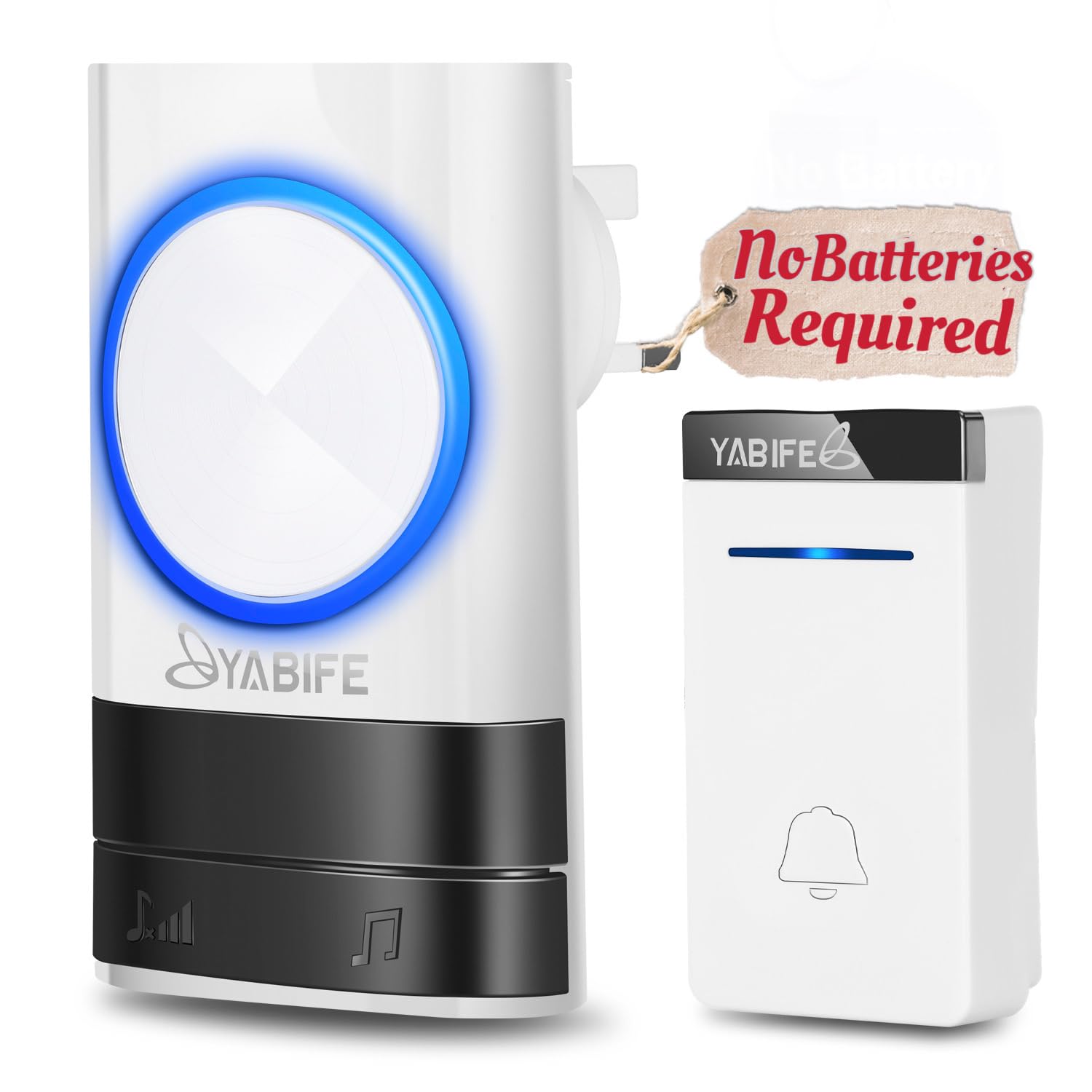 YABIFE Self-Powered Wireless Doorbell, Cordless Plug in Door Bells, IP44 Waterproof Door Chime Bell, 58 Ringtones, 0-110dB Loud 4 Levels Volume, 500-1003ft Range, No Battery Required White