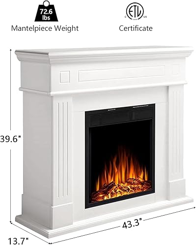 Miniatura 3 de Chimenea eléctrica con chimenea envolvente de madera, control remoto, llama LED ajustable, chimenea independiente de 750 W/1500 W (blanco perlado)