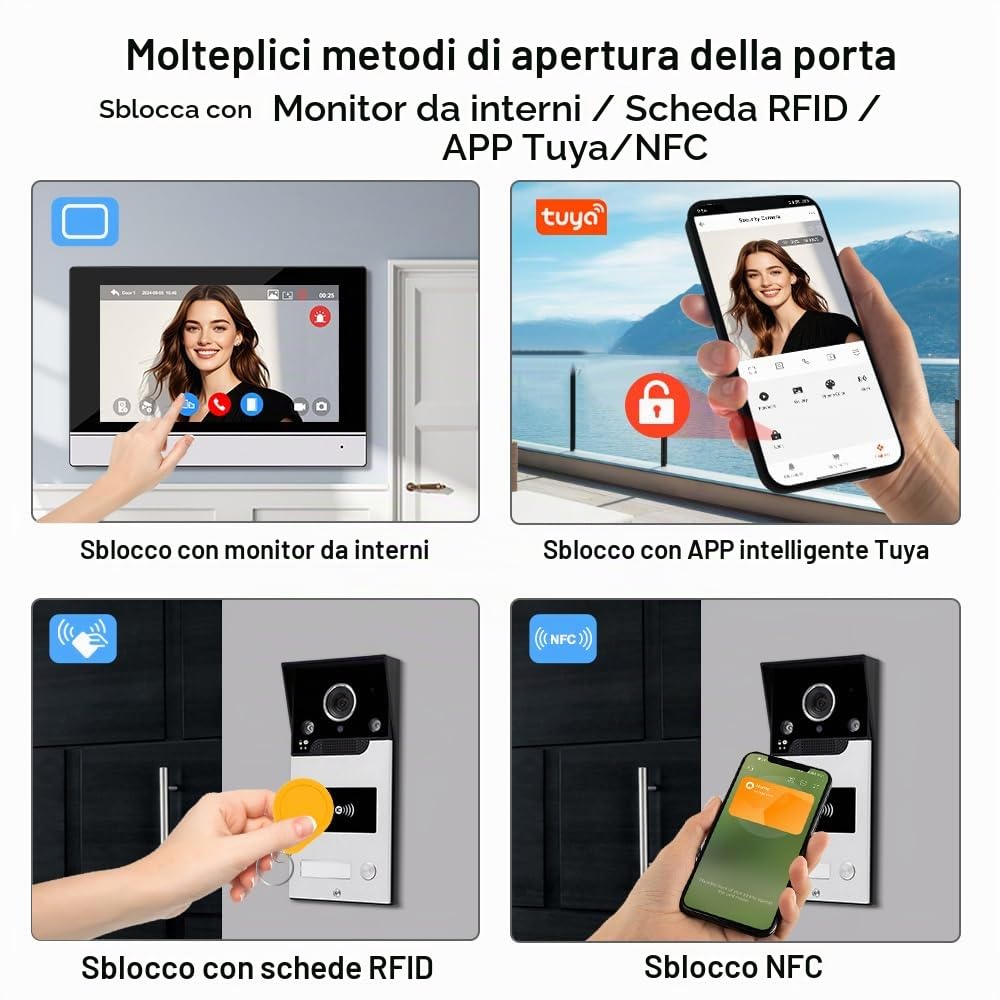 WiFi Video Interfono Sistema di Ingresso a Campanello, 7inch 1080P HD Videocamera a Campanello Visione Notturna IR, Registrazione di Supporto, Scheda RFID/TUYA APP Sblocco