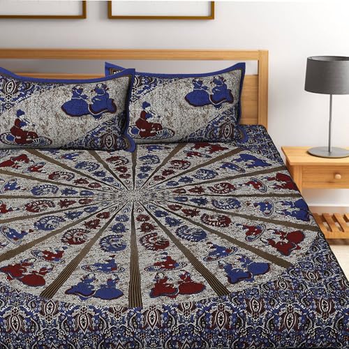 Image of Queenie Brand 100% Pure Cotton Traditional Printed 144 TC Bedsheet for Double Bed with 2 Pillow Covers